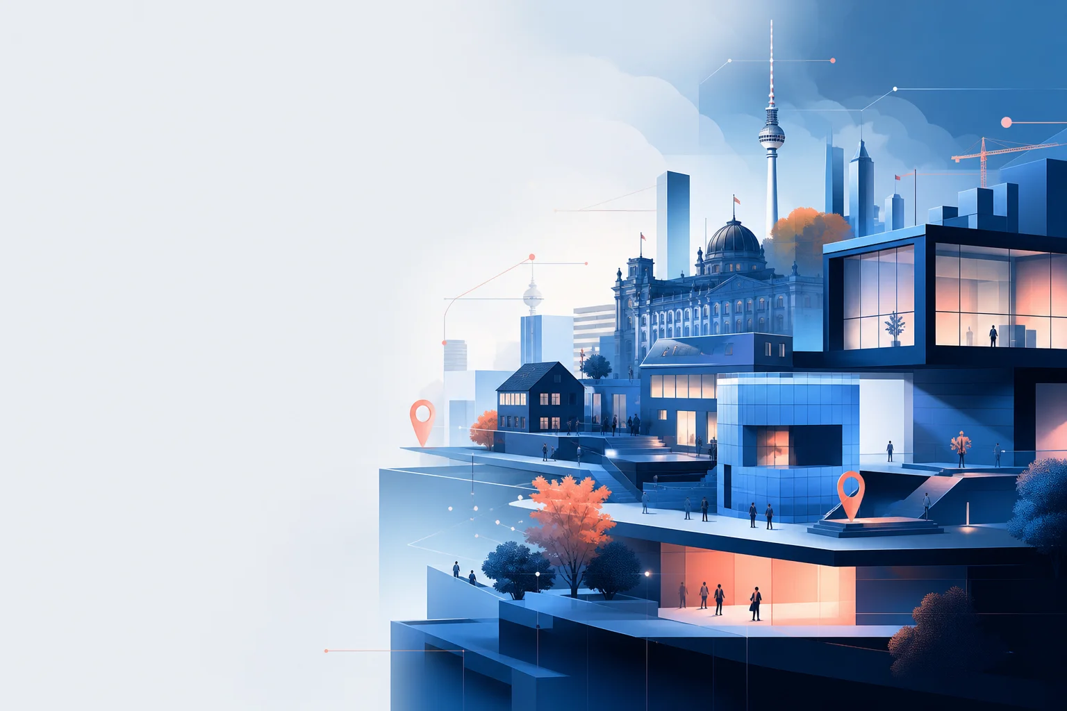 Abstrahierte Stadtlandschaft mit verbundenen Unternehmensstandorten als Symbol für digitale Präsenz und lokale Auffindbarkeit