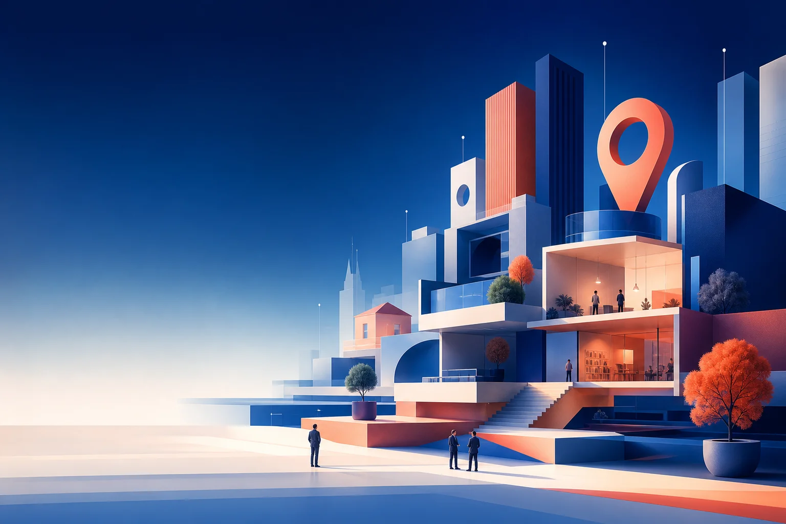 Abstrahierte Stadt- und Unternehmenslandschaft mit verbundenen Ebenen und Orientierungspunkten als Sinnbild digitaler Auffindbarkeit.
